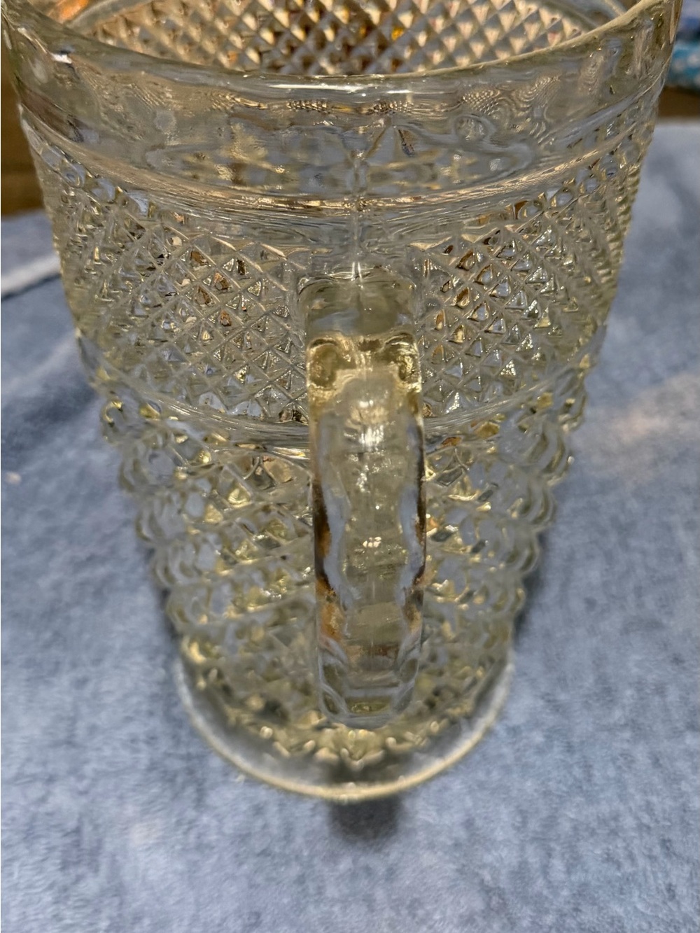 Clear Pressed Glass Decorative Mug with Diamond Pattern. Anchor Hocking 2qt.